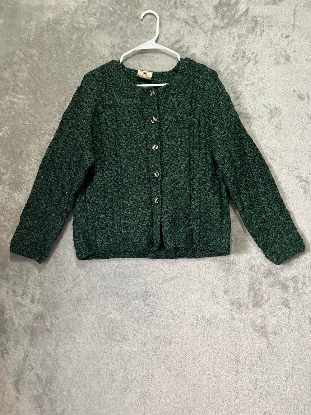 Vintage Irish 100% Wool Cardigan Green Cable Knit Button Front Sweater Medium
